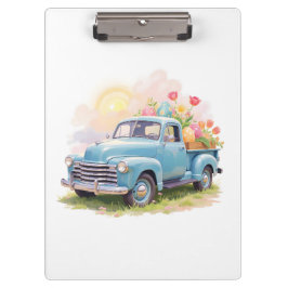 Carpeta De Pinza Camión Azul Antiguo con Huevos de Pascua y Tulipan