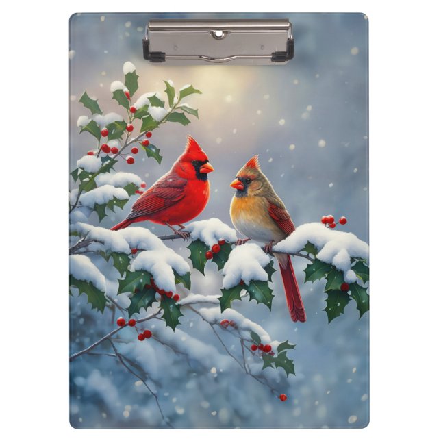 Carpeta De Pinza Cardenales rojos y Holly en la nieve (Anverso)