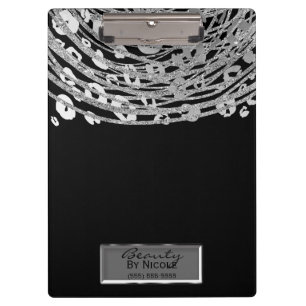 Carpeta De Pinza Cheetah Leopardo Plateado Negro Glam Personalizado