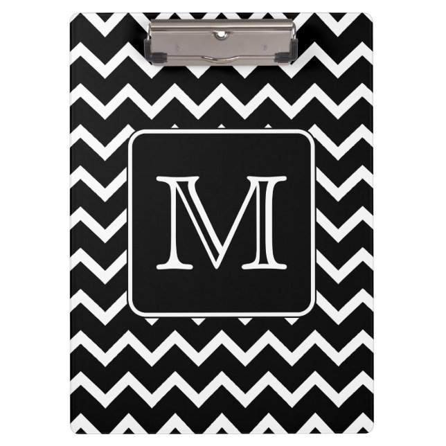 Carpeta De Pinza Chevron blanco y negro con el monograma de encargo (Anverso)