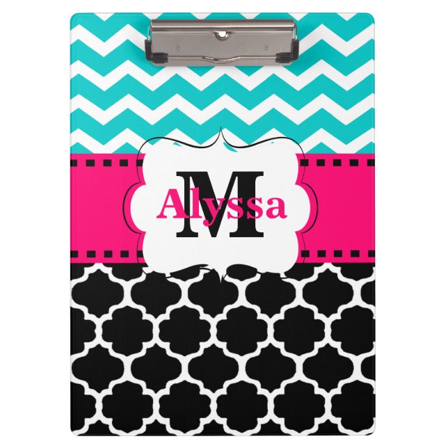 Carpeta De Pinza Chevron negro rosado verde azulado Quatrefoil (Anverso)