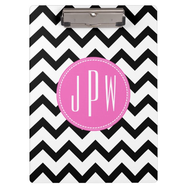 Carpeta De Pinza Chevron negro y monograma rosado (Anverso)