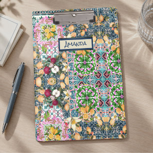 Carpeta De Pinza Chic baldosas florales de cítrico siciliano rosa a