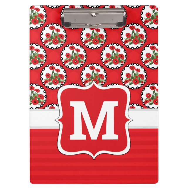 Carpeta De Pinza Chic Rústico Rojo, Amapolas Blancas y Negras Monog (Anverso)