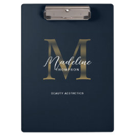 Carpeta De Pinza Chic Script Metálico Azul Marino Dorado Monograma