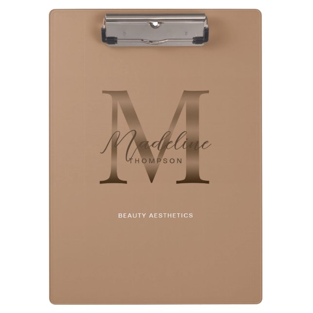 Carpeta De Pinza Chic Script Metálico Monograma Taupe Dorado (Anverso)
