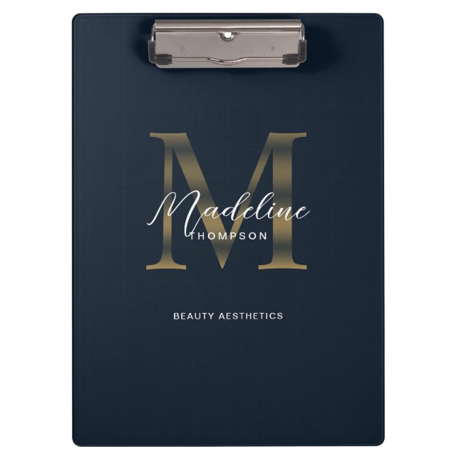 Carpeta De Pinza Chic Script Metallic Navy Blue Gold Monogram (Anverso)