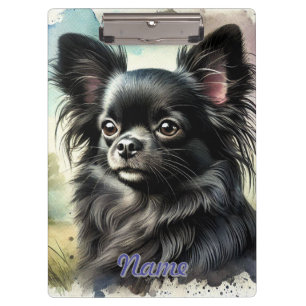 Carpeta De Pinza Chihuahua negro de pelo largo en acuarela
