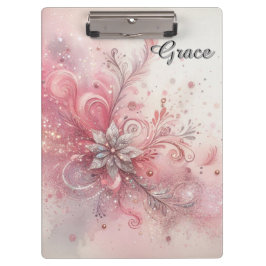 Carpeta De Pinza Chispa Rosa Plata Brillo Flor Personalizada