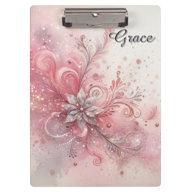 Carpeta De Pinza Chispa Rosa Plata Brillo Flor Personalizada (Anverso)
