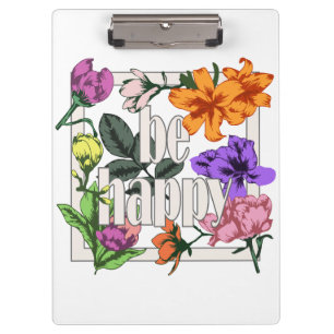 Carpeta De Pinza Cita positiva Be Happy y flores de jardín