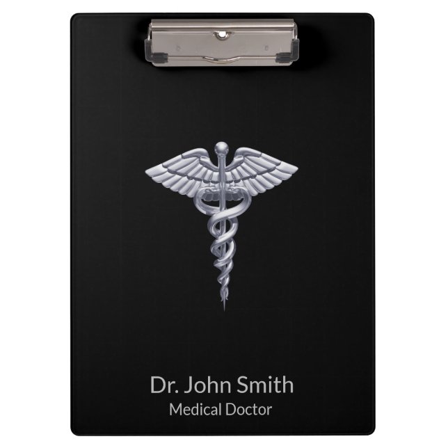 Carpeta De Pinza Clásico Caducto Médico Plateado en Negro (Anverso)