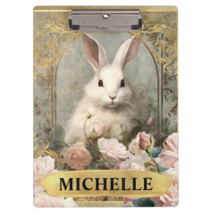 Carpeta De Pinza Conejo blanco de color de agua y rosas rosadas