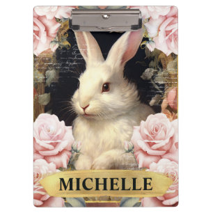 Carpeta De Pinza Conejo blanco de color de agua y rosas rosadas
