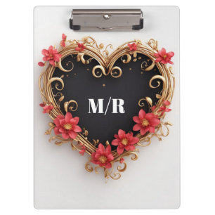 Carpeta De Pinza Corona de corazón ornamental dorado con flores roj