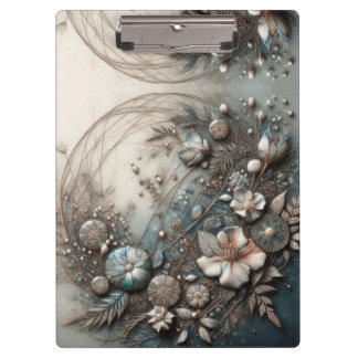Carpeta De Pinza Crema Teal Floral Botánico Escultural 3D 