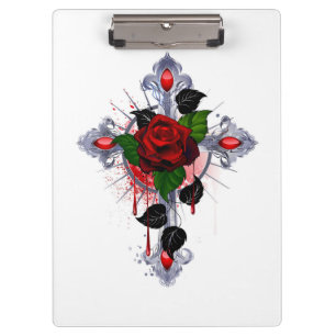 Carpeta De Pinza Cruz de Plata con una Rosa Roja