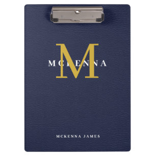 Carpeta De Pinza Cuero Falso Monograma Azul Marino con Iniciales en