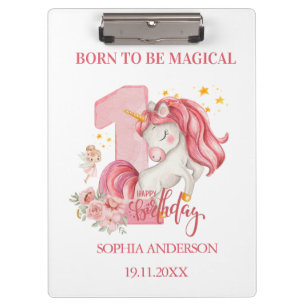 Carpeta De Pinza Cumpleaños 1er Unicornio Rosa Personalizado