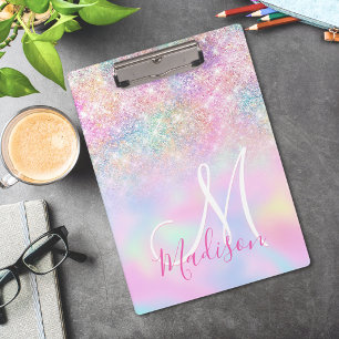 Carpeta De Pinza Cute monograma de purpurina ombre de unicornio iri