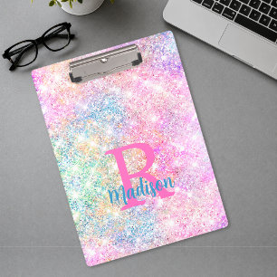 Carpeta De Pinza Cute monograma irisado de unicornio rosa con brill