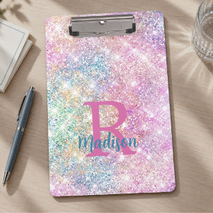 Carpeta De Pinza Cute monograma irisado de unicornio rosa con brill
