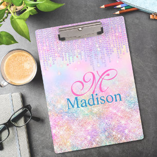 Carpeta De Pinza Cute Pink Unicorn Glitter rinestone Monograma con