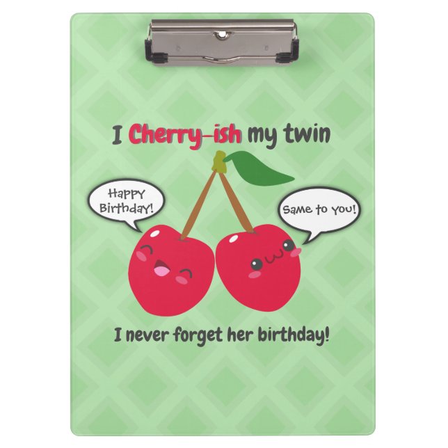Carpeta De Pinza Cute Red Cherry Kawaii Gemelos Cumpleaños (Anverso)