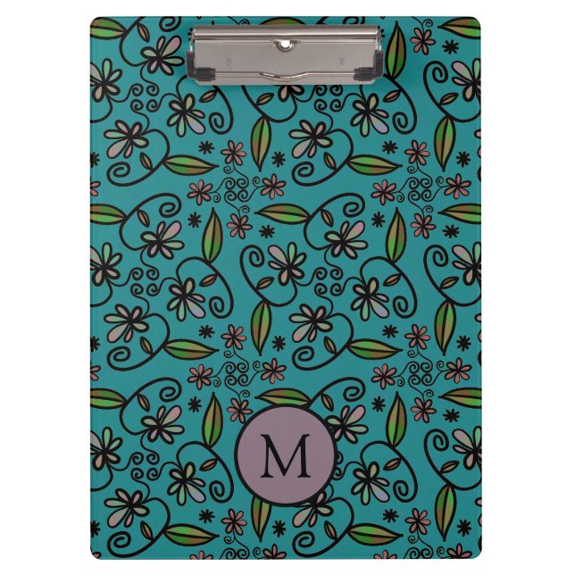 Carpeta De Pinza Cute Teal Floral Pattern Monogram (Anverso)