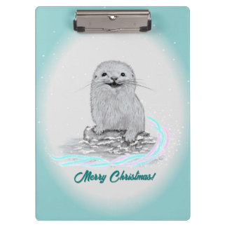 Carpeta De Pinza Cute White Baby Sea Otter , Merry Christmas