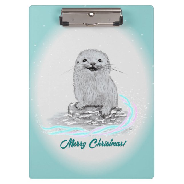 Carpeta De Pinza Cute White Baby Sea Otter , Merry Christmas (Anverso)