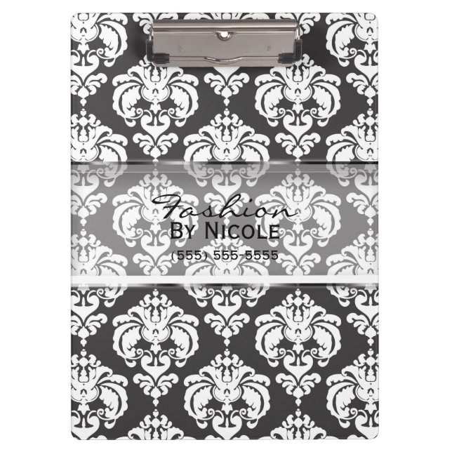 Carpeta De Pinza Damasceno Gris y Blanco Chic Elegante Glam Persona (Anverso)