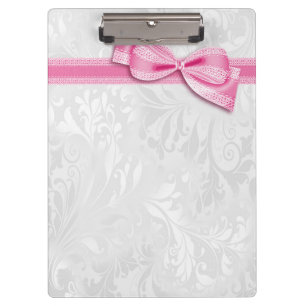 Carpeta De Pinza Damasco Blanco y Lazo Falso Rosa