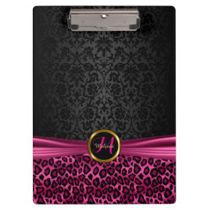 Carpeta De Pinza Damasco negro y diseño de leopardo rosa brillante