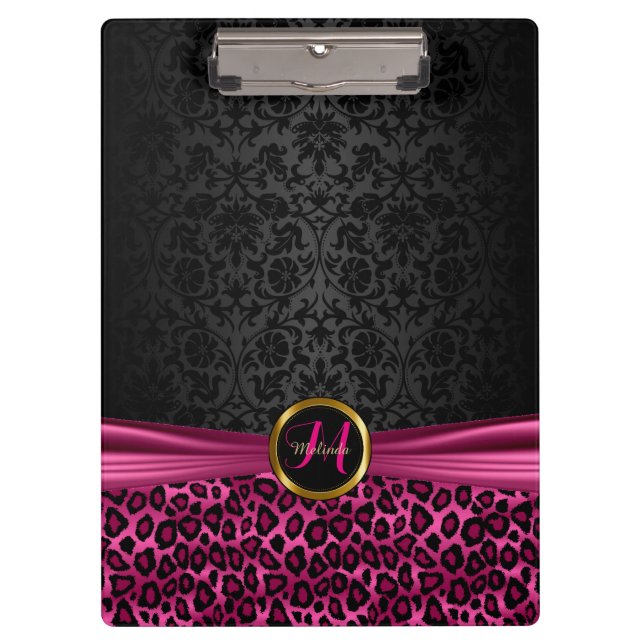 Carpeta De Pinza Damasco negro y diseño de leopardo rosa brillante (Anverso)