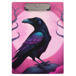 Carpeta De Pinza Dibujo de un cuervo sobre fondo rosado neón