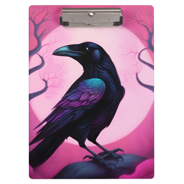 Carpeta De Pinza Dibujo de un cuervo sobre fondo rosado neón (Anverso)