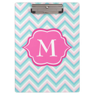 Carpeta De Pinza Diseño blanco rosado azul del monograma de Chevro