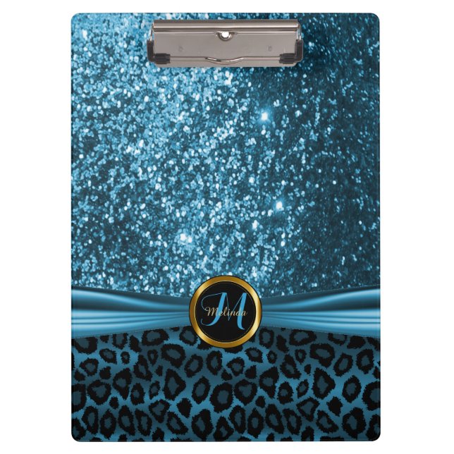 Carpeta De Pinza Diseño de piel azul Purpurina y leopardo (Anverso)
