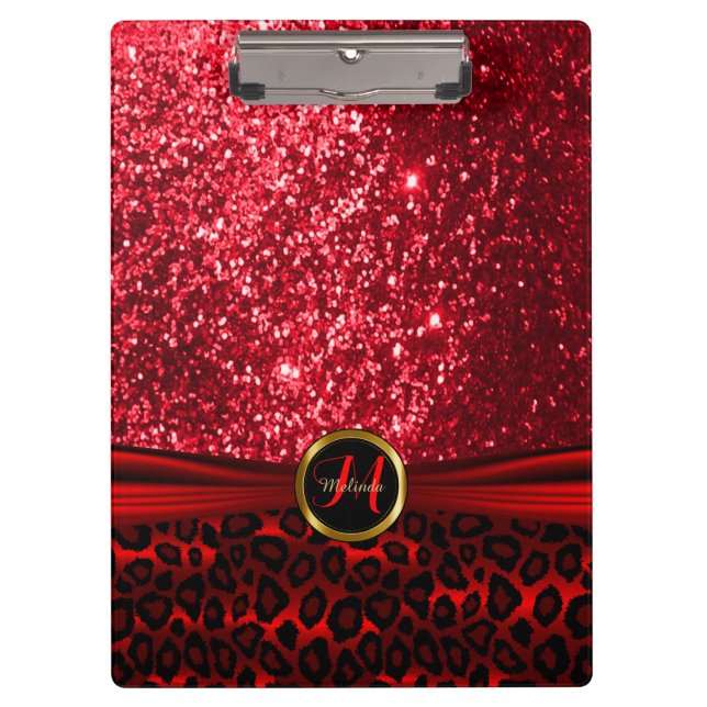 Carpeta De Pinza Diseño de piel de Purpurina rojo y leopardo