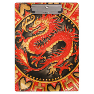 Carpeta De Pinza Dragón chino tradicional de oro rojo