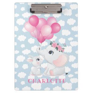 Carpeta De Pinza Elefante Femenino y Conejo con Flores y Globo