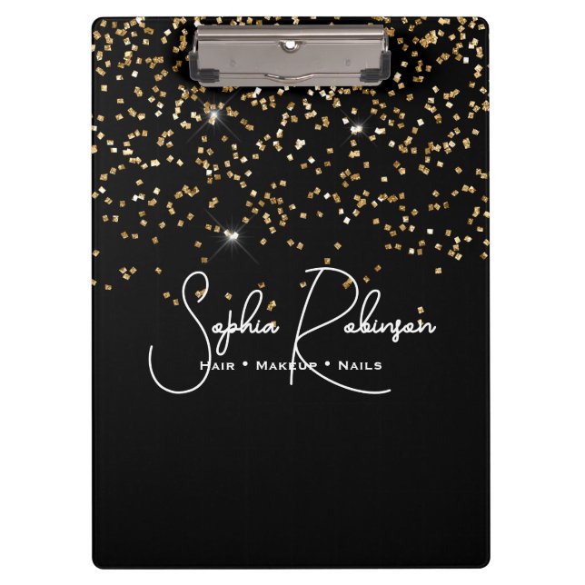 Carpeta De Pinza Elegant Black and Gold Glitter Salon Business (Anverso)