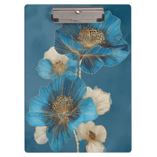Carpeta De Pinza Elegant Blue Gold Line Art Poppy Botanical