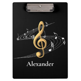Carpeta De Pinza Elegant Gold and Black Music Notes Nombre personal