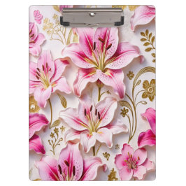 Carpeta De Pinza Elegant Pink Lilies with Golden Botanical Accents