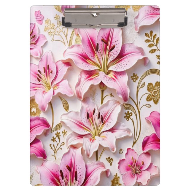 Carpeta De Pinza Elegant Pink Lilies with Golden Botanical Accents (Anverso)