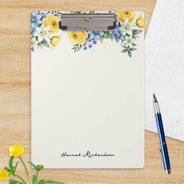 Carpeta De Pinza Elegant Watercolor Floral Custom Name (A personalized clipboard with yellow, blue and white floral design and name in script typography)