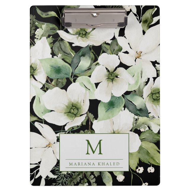Carpeta De Pinza Elegante acuarela floral blanco y negro (Anverso)