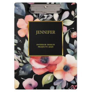 Carpeta De Pinza Elegante acuarela flores color oro negro profesion